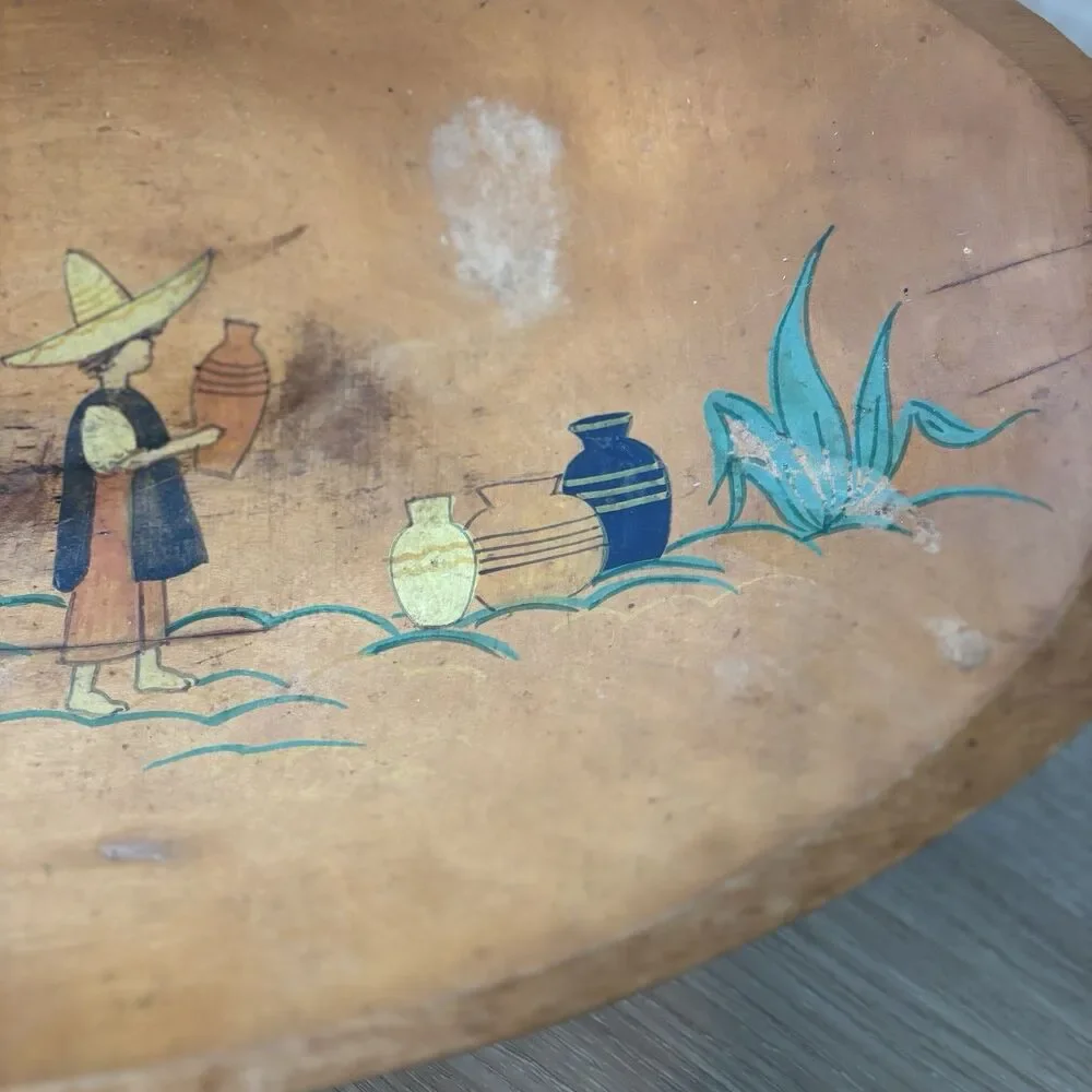 ⁠1930s VTG HandPainted Wood DoughBowl Mexican Southwestern Cactus 17